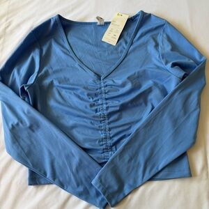 all in motion Blue Ruched V-Neck Long Sleeve Top